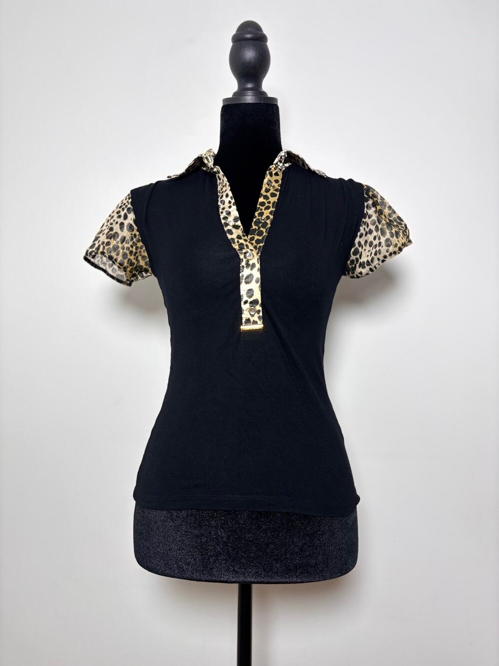 Roberto Cavalli Black Fitted Button Down Blouse Cheetah Print Puff Sleeves Euro